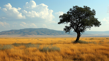 A single tree in a vast, open field.