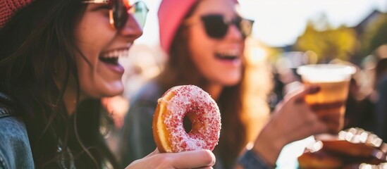 Selective focus captures friends enjoying donuts outside.