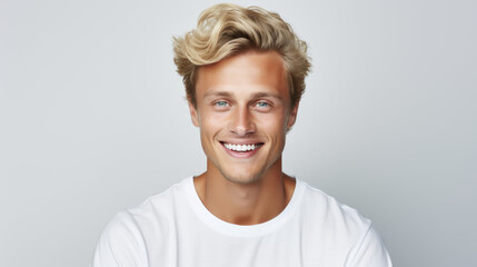 a closeup photo portrait of a handsome blonde scandinavian man smiling with clean teeth. for a dental ad. guy with fresh stylish hair with strong jawline. isolated on white background. - obrazy, fototapety, plakaty
