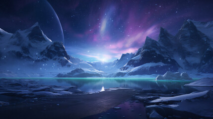 Snowy mountains and seas, aurora