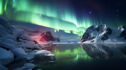 Snowy mountains and seas, aurora