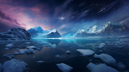 Snowy mountains and seas, aurora