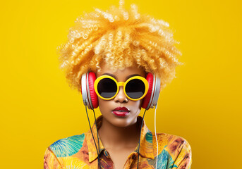 Eccentric happy woman with afro hair and headphones. Lifestyle concept. AI generated