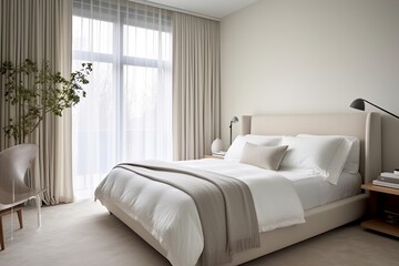 Fototapeta premium This modern minimalist bedroom features a platform bed with smooth lines, complemented by a curated selection of air-purifying plants for a serene ambiance