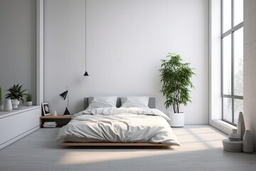 This modern minimalist bedroom features a platform bed with smooth lines, complemented by a curated selection of air-purifying plants for a serene ambiance