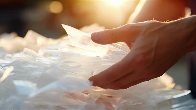 Detail shot of a pair of hands removing plastic film from a stack of recyclable paper.