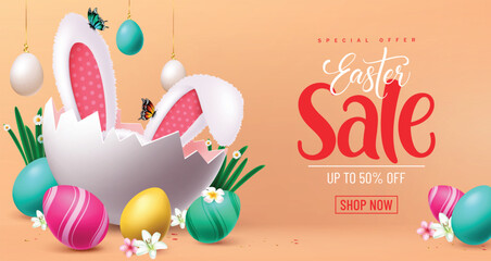 Easter sale text vector banner design. Easter sale special offer discount promo with cracks egg shell and bunny ears decoration elements. Vector illustration easter shopping advertisement banner.
