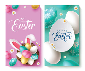 Happy easter text vector poster set. Happy easter greeting text with colorful eggs and cute bunny ears decoration elements for postcard collection. Vector illustration easter seasonal greeting card 