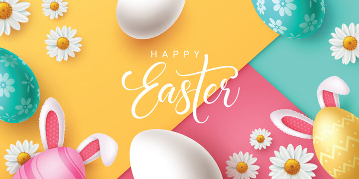 Happy easter text vector template design. Happy easter greeting card with cute eggs, flowers and bunny ears for holiday season celebration background. Vector illustration easter egg seasonal greeting 