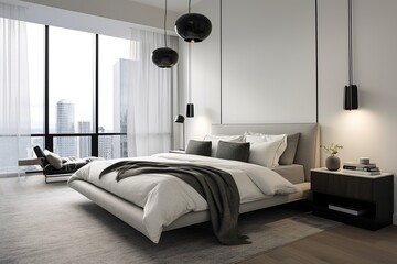 Obraz premium Experience the fusion of style and comfort in this minimalist bedroom, boasting a sleek floating bed frame, hidden lighting, and a soft, muted color palette.