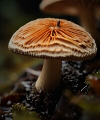 "Captured against a backdrop of fallen leaves, this mushroom stands tall, showcasing its unique shape and earthy tones amidst the woodland's tranquility."