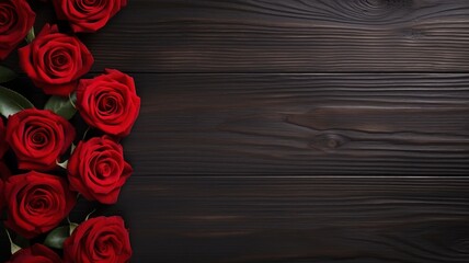 Love and Valentine's day concept made from red rose on black wooden background. Top view with copy space, flat lay - generative ai - obrazy, fototapety, plakaty