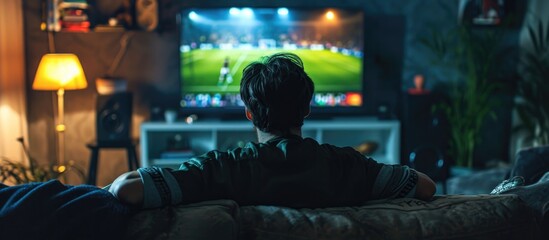 Young man watching soccer on TV at home. - obrazy, fototapety, plakaty