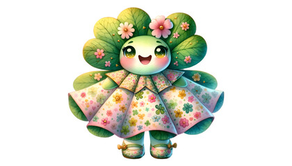Naklejka premium Watercolor of a clover girl character design, featuring her wearing a cute dress and symbolizing luck. 
