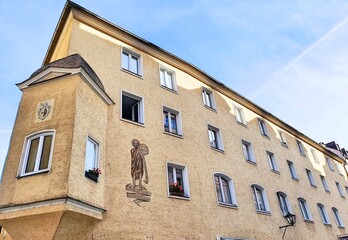 Germany Regensburg old town buildings along Rhine river and Danube river
