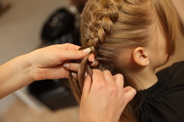 Fototapeta premium Professional hairdresser braiding girl's hair in beauty salon, closeup