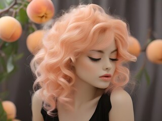 Portrait of beautiful young woman with peach hair, several peach fruits in the background