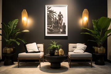 Explore high-end minimalism with this living space, showcasing designer furniture, sleek surfaces, and captivating sculptural foliage arrangements for a modern look.