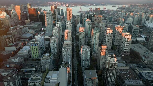 Aerial view on downtown of Vancouver at dusk, Canada