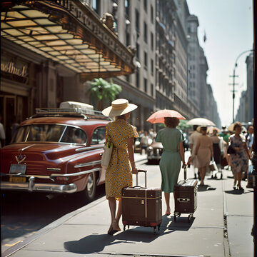 Vintage street scene with elegant woman in hat carrying a suitcase, classic cars and pedestrians in the background. Retro fashion and travel concept.