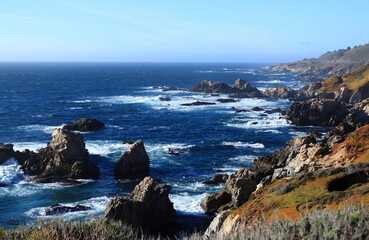 Nace panoramic view of Pacific ocean coast. Big Sur. Highway 1