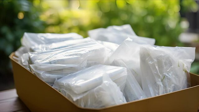 Closeup of a box of compostable trash bags, made from cornstarch and designed for easy decomposition.