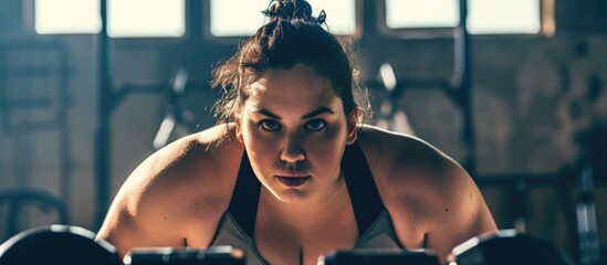 An overweight woman is doing gym workouts, focusing on her abs.