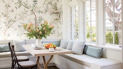 A garden-view breakfast nook with a cozy built-in bench and botanical prints.