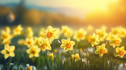 Spring daffodils bathed in the golden light of sunset, symbolizing renewal and hope.