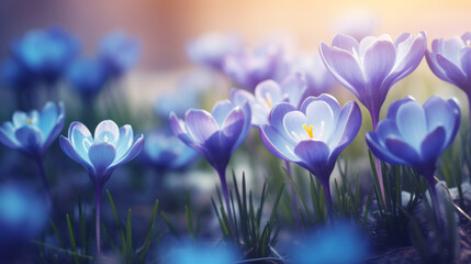 Vibrant blue crocus flowers emerging in spring with a soft, enchanting glow.