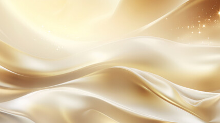 Smooth waves of luxurious golden silk fabric with glittering sparkles on a soft background.