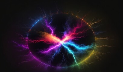 Rainbow colored circular electric thunder sparks in plain black background from AI Generative