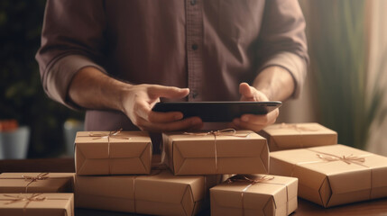 A focused man using a tablet to manage online orders amidst a collection of neatly packed parcels in a warehouse.