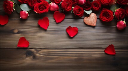 Red roses flowers with red hearts on old wooden background with place for text. Romantic Valentines holidays concept. Valentine's day greeting card. Copy space. Top view. : Generative AI