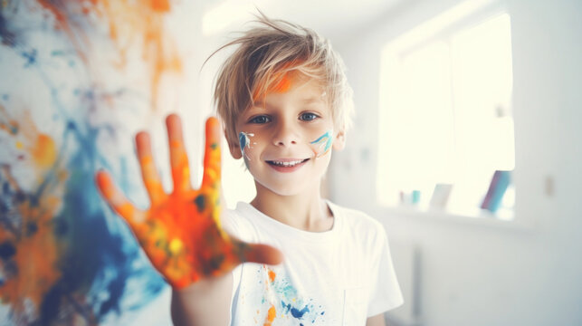 A smiling boy with hands dipped in colorful paint in a bright room, symbolizing joy and the delight of creative expression.