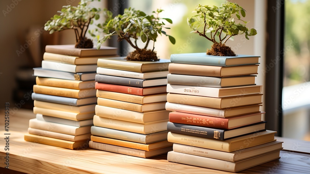 Fototapete a simple composition of many books, stack or pile of books on wooden table, one of them open with co