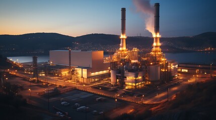 Gas turbine electrical power plant with in Twilight power for factory energy concept. : Generative AI