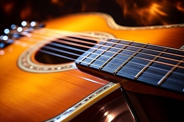 Obraz premium Musical instrument acoustic guitar with strings selective focus close-up : Generative AI