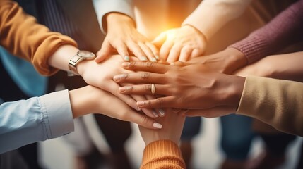 Panoramic Teamwork,empathy,partnership and Social connection in business join hand together concept.Hand of diverse people connecting.Power of volunteer charity work,Stack of people ha : Generative AI - Powered by Adobe