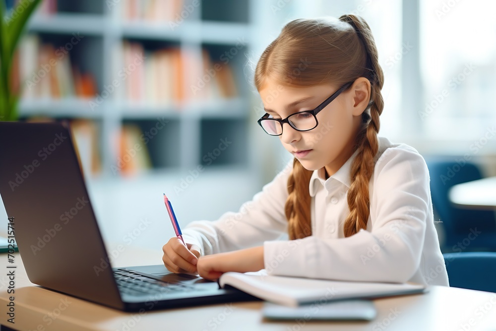 Poster close-up of pretty focused pupil child school girl doing homework writing notes with pen in paper no