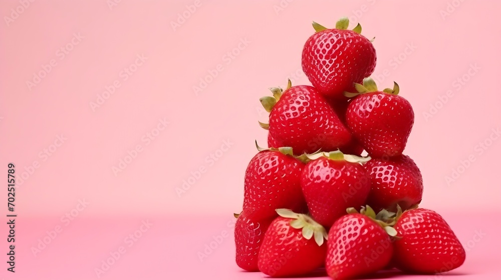 Poster stack of fresh strawberries on pink background, space for text : generative ai