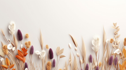 An elegant composition of dried flowers, grains, and purple accents on a clean white background, perfect for a sophisticated look.