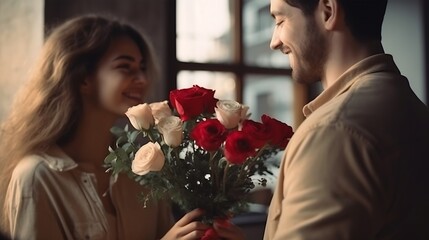 Smiling man giving flowers to woman on valentine's day : Generative AI