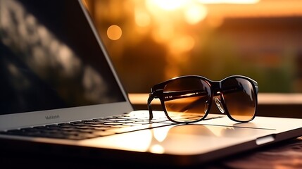Black sunglasses and an open laptop on a dark surface next to the window in the light of the...