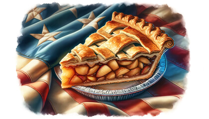 Watercolor of a slice of apple pie on a table with the American flag. Concept of American patriotism