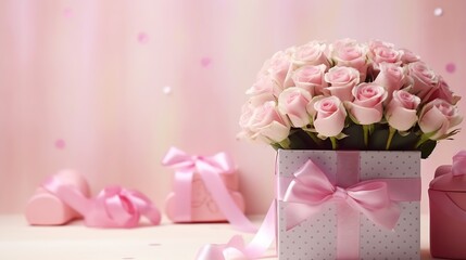 Obraz na płótnie Canvas Beautiful bouquet flowers pink roses in vase and gift box with satin bow on pastel pink background table. Birthday, Wedding, Mother's Day, Valentine's day, Women's Day. Front view : Generative AI
