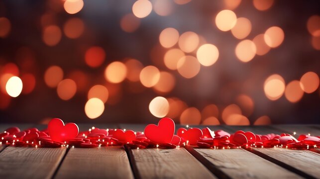 Close up of red hearts on wooden table against defocused lights. St. Valentine's Day background : Generative AI