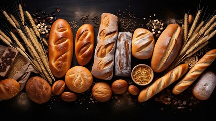 Bakery - various kinds of breadstuff. Bread rolls, baguette, bagel, sweet bun and croissant captured from above (top view, flat lay). Black background, free copy space. Horizontal bann : Generative AI - obrazy, fototapety, plakaty