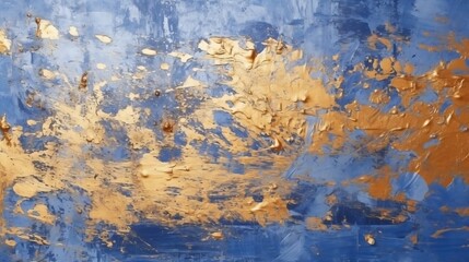 Obraz premium Blue alcohol stains of paint with the addition of gold powder. Subtle waves of paint, abstract blue waves of the ocean, lines of marble. Liquid paints, gradient stains, painting. : Generative AI