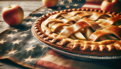 Yummy apple pie on a table with the American flag. Concept of American patriotism